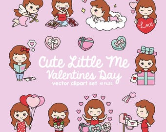 Premium Vector Clipart - Kawaii Valentines Day Cute Me - Valentines Day Girl Clipart Set - Cute Valentines Day Clipart - Red Hair