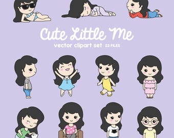Premium Vector Clipart - Cute Me - Kawaii Girls - Cute Girls Clipart Set - High Quality Vectors - Black Hair - Kawaii Clipart
