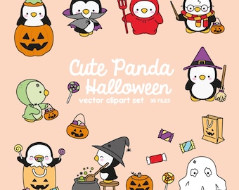 Premium Vektor Clipart - Kawaii Halloween Pinguine - Süße Halloween Pinguine Clipart Set - Hochwertige Vektoren - Kawaii Halloween Clipart