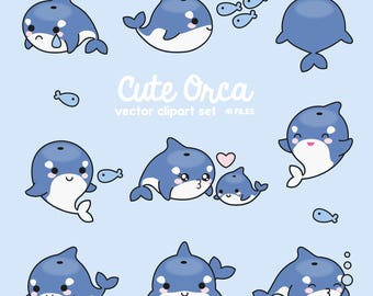 May include: A set of cute cartoon orca illustrations in various poses, including swimming, blowing bubbles, and holding a heart. The orcas are all blue and white with big eyes and smiles. The text "Cute Orca vector clipart set 41 FILES" is at the bottom of the image.