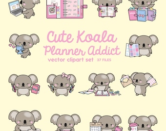 Premium Vector Clipart - Kawaii Koala - Cute Koalas Planner Addict Clipart - Koala Loves Planning - Instant Download - Kawaii Clipart