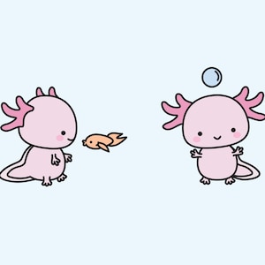 Puede incluir: Dos axolotl rosas con ojos negros y branquias rosas. Un axolotl est&aacute; mirando a un peque&ntilde;o pez naranja. El otro axolotl tiene una burbuja azul sobre su cabeza.