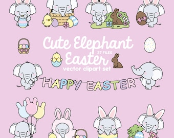 Premium Vektor Clipart - Kawaii Ostern Elefanten - süße Ostern Elefanten Clipart Set - hochwertige Vektoren - Kawaii Ostern Clipart
