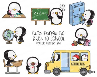 Premium Vector Clipart - Kawaii Penguins Back To School - Cute Penguins Clipart Set - High Quality Vectors - Kawaii School Clipart