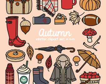 May include: A set of autumn-themed illustrations, including a pumpkin, leaves, a plaid blanket, a cup of coffee, a pie, a football, a mushroom, a pair of boots, a raincoat, an umbrella, a flask, a coffee cup, and a basket of apples.