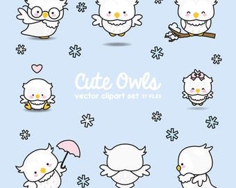 Premium Vektor Clipart - Kawaii Eulen - Süße Eulen-Clipart-Set - hochwertige Vektoren - Instant Download - Kawaii Clipart