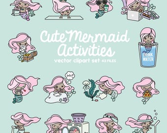Premium Vector Clipart - Kawaii Mermaid - Cute Mermaids Planning Clipart - Darker Skin Mermaids- Instant Download - Kawaii Clipart