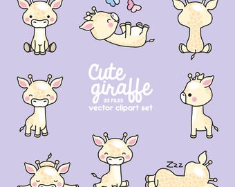 May include: A set of 33 vector clipart illustrations of cute cartoon giraffes in various poses, including standing, sitting, lying down, and waving. The giraffes are all yellow with brown spots and have big, friendly eyes. The illustrations are perfect for use in children's books, greeting cards, or other creative projects.