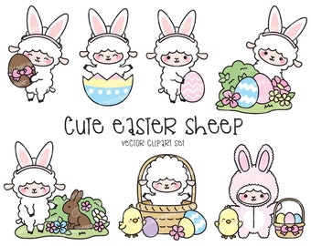 Premium Vector Clipart - Kawaii Easter Sheep - Cute Easter Sheep Clipart Set - High Quality Vectors - Kawaii Easter Clipart