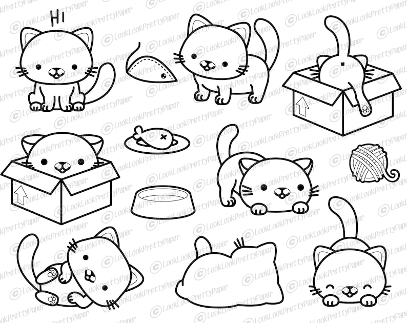 Premium Vector Clipart Kawaii Cat Outlines Cute Cat Etsy