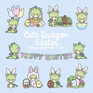 May include: Cute cartoon dragons dressed in bunny costumes for Easter. The dragons are holding Easter eggs, baskets, and a banner that says "Happy Easter".