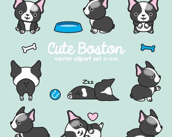 Premium Vektor Clipart - Kawaii Boston Terrier - Cute Boston Terriers - hochwertige Vektoren - Instant Download - Kawaii Clipart
