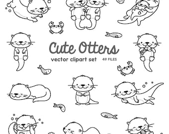 Premium Vector Clipart - Kawaii Otters - Cute Otters Clipart Set - High Quality Vectors - Instant Download - Kawaii Clipart - Outlines