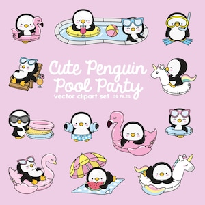 Premium Vector Clipart - Kawaii Penguin - Cute Penguin Pool Party Clipart - Pool Party - Instant Download - Kawaii Clipart