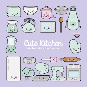 May include: A set of 45 cute kitchen clipart images featuring various kitchen appliances, utensils, and cookware with cartoon faces. The images are in a pastel color scheme with a light purple background. The text "Cute Kitchen vector clipart set 45 files" is included in the image.