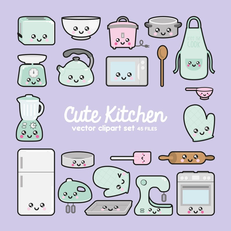 May include: A set of 45 cute kitchen clipart images featuring various kitchen appliances, utensils, and cookware with cartoon faces. The images are in a pastel color scheme with a light purple background. The text "Cute Kitchen vector clipart set 45 files" is included in the image.