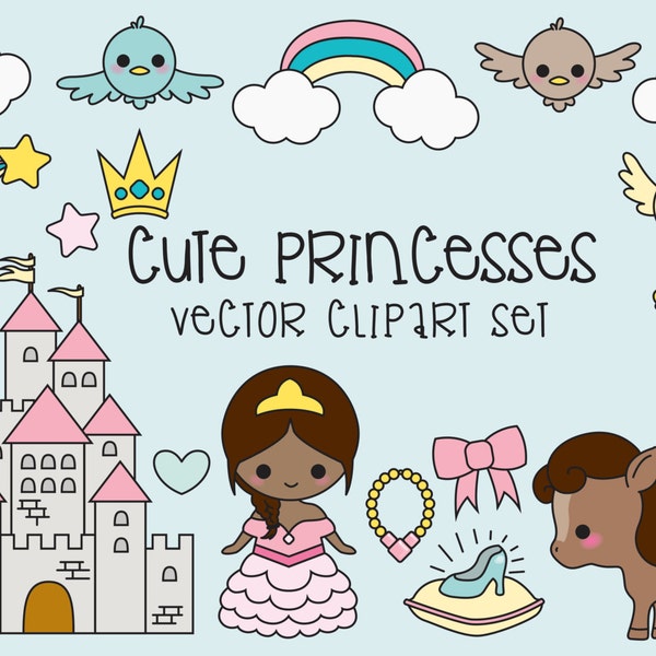 Premium Vector Clipart - Kawaii Magical Princess Clipart - Kawaii Princesses Clip art Set - Instant Download - Kawaii Clipart - Kawaii Pony