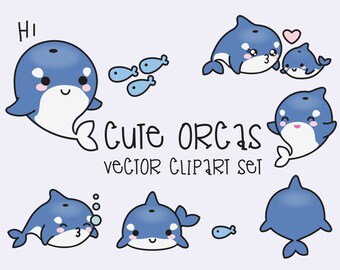 Premium Vector Clipart - Kawaii Orcas - Cute Orcas Clipart Set - High Quality Vectors - Instant Download - Kawaii Clipart