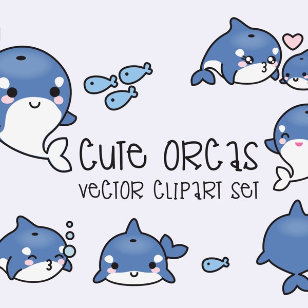 Premium Vector Clipart - Kawaii Orcas - Cute Orcas Clipart Set - High Quality Vectors - Instant Download - Kawaii Clipart