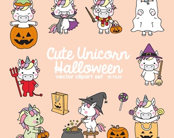 May include: A set of 10 cute unicorn Halloween clip art illustrations. The unicorns are dressed in various costumes, including a vampire, a witch, a ghost, and a devil. There are also some Halloween-themed props, such as a cauldron, a broom, and a pumpkin.