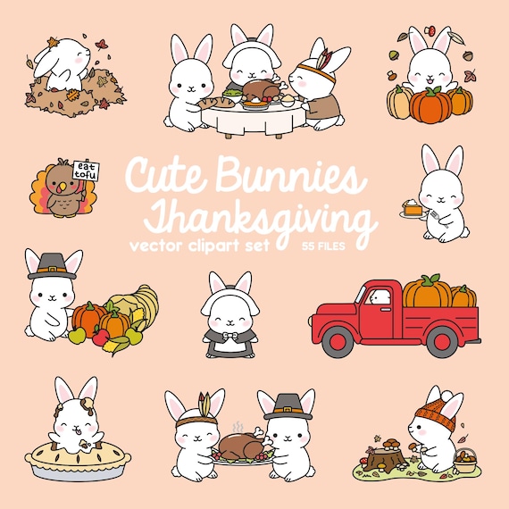 Premium Vector Clipart - Kawaii Thankgiving Bunny - Cute Thangiving Bunnies Clipart - High Quality Vectors - Kawaii Thanksgiving Clipart