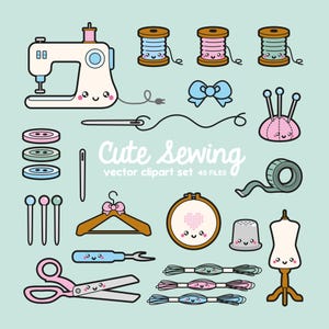 Premium Vektor Clipart - Kawaii Nähen Clipart - Kawaii Nähen Clip Art Set - Hochwertige Vektoren - Sofortiger Download - Kawaii Nähen Clipart
