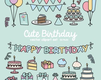 Premium Vector Clipart - Kawaii Birthday - Cute Birthday Party Clipart Set - High Quality Vectors - Instant Download - Kawaii Clipart