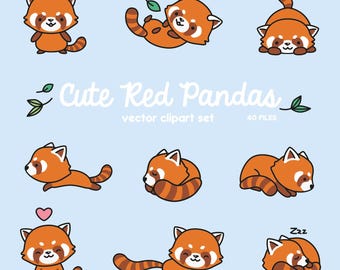 Premium Vector Clipart - Kawaii Red Pandas - Cute Red Panda Clipart Set - High Quality Vectors - Instant Download - Kawaii Clipart