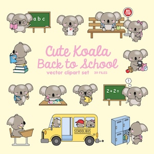Puede incluir: Un conjunto de 13 ilustraciones coloridas con adorables osos koala en varias escenas con tem&aacute;tica escolar. Las ilustraciones incluyen un koala sosteniendo un libro, un koala sentado en un escritorio, un koala conduciendo un autob&uacute;s escolar y un koala sosteniendo una pizarra con la ecuaci&oacute;n 2+2=. Las ilustraciones son perfectas para usar en decoraciones de aula, materiales educativos o para crear actividades de aprendizaje divertidas y atractivas.
