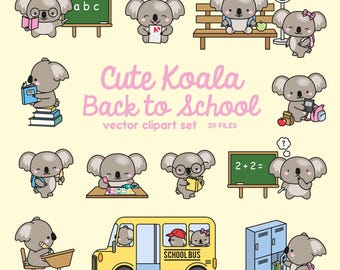 Premium Vector Clipart - Kawaii Koalas Back To School - Cute Koalas Clipart Set - High Quality Vectors - Kawaii School Clipart