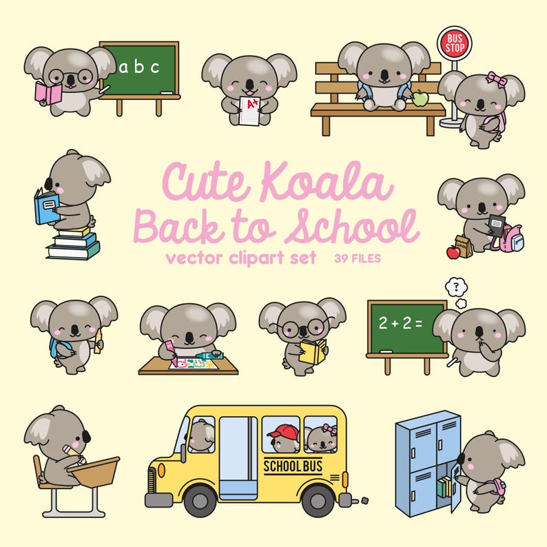 Puede incluir: Un conjunto de 13 ilustraciones coloridas con adorables osos koala en varias escenas con tem&aacute;tica escolar. Las ilustraciones incluyen un koala sosteniendo un libro, un koala sentado en un escritorio, un koala conduciendo un autob&uacute;s escolar y un koala sosteniendo una pizarra con la ecuaci&oacute;n 2+2=. Las ilustraciones son perfectas para usar en decoraciones de aula, materiales educativos o para crear actividades de aprendizaje divertidas y atractivas.