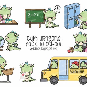 Premium Vector Clipart - Kawaii Dragons Back To School - Cute Dragons Clipart Set - High Quality Vectors - Kawaii School Clipart