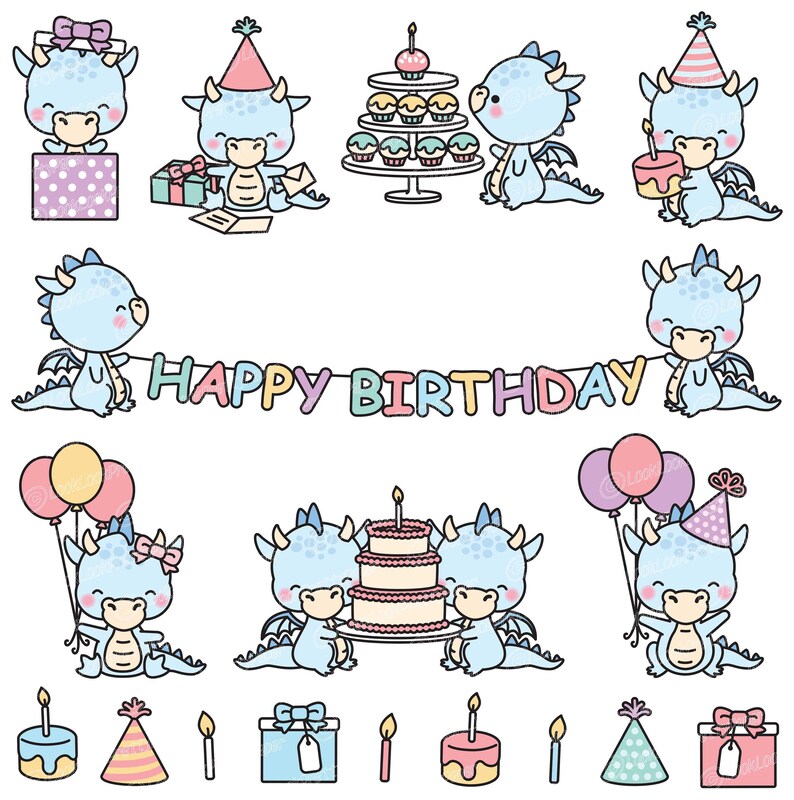 Kawaii Christmas Clipart Premium Vector Clipart Kawaii Blue Birthday Dragons Cute Birthday Dragons Clipart Set High Quality Vectors
