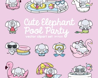 Premium Vector Clipart - Kawaii Elephant - Cute Elephant Pool Party Clipart - Pool Party - Instant Download - Kawaii Clipart