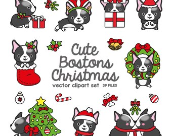 Premium Vector Clipart - Kawaii Christmas Bostons - Cute ChristmasBostonss Clipart Set - High Quality Vectors - Kawaii Christmas Clipart