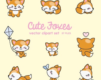 Premium Vector Clipart - Kawaii Foxes - Cute Foxes Clipart Set - High Quality Vectors - Instant Download - Kawaii Clipart