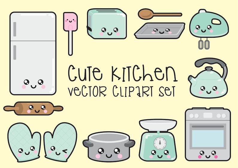 Premium Vector Clipart Kawaii Kitchen Clipart Kawaii Kitchen Clip art Set High Quality Vectors Instant Download Kawaii Clipart image 1