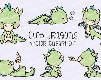 Premium Vector Clipart - Kawaii Dragon - Cute Baby Dragons Clipart Set - High Quality Vectors - Instant Download - Kawaii Clipart