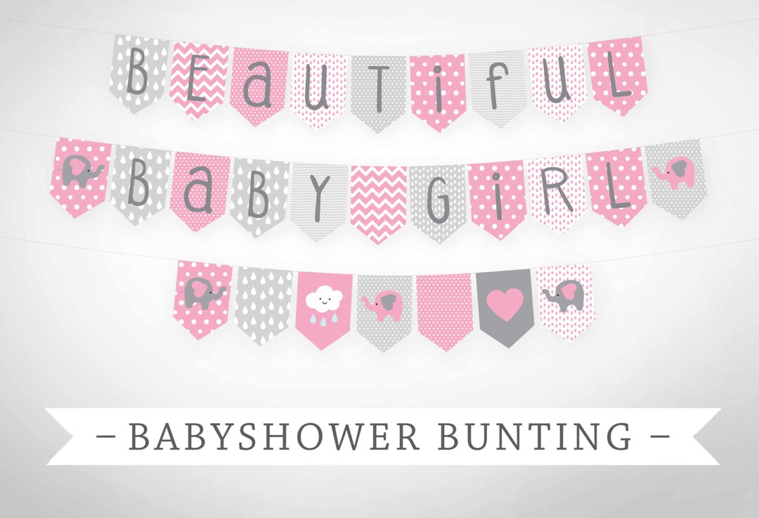 Premium Printable Bunting Baby Shower Bunting Banner Elephants Pink and ...