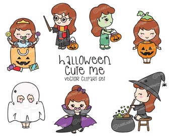 Premium Vector Clipart - Kawaii Halloween Girl - Cute Me Halloween Clipart Set - Red Hair - Kawaii Halloween Clipart