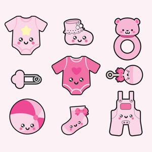 Peut inclure: Un ensemble d'articles pour b&eacute;b&eacute; de couleur rose comprenant un body, une salopette, un hochet, une sucette, une chaussette, un ballon, une &eacute;pingle &agrave; nourrice, une chaussure et un ours en peluche avec un anneau.