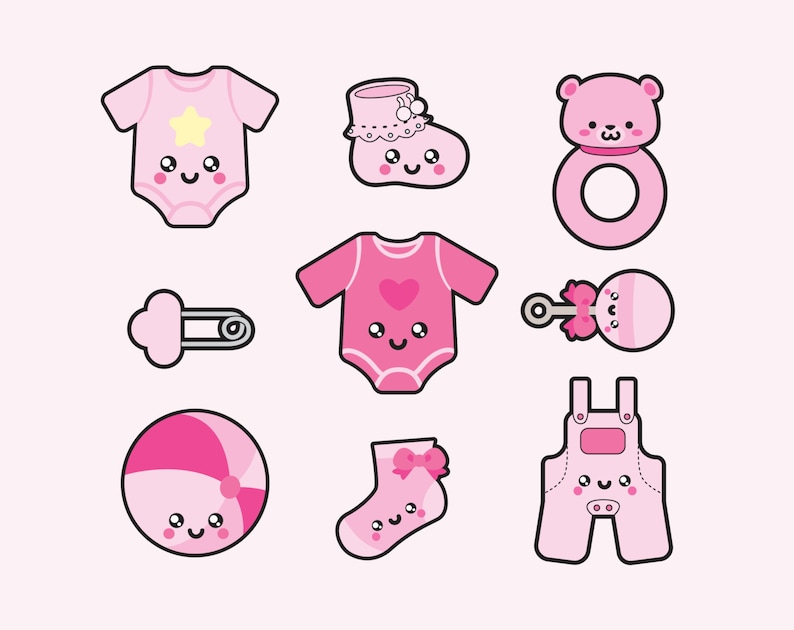 Peut inclure: Un ensemble d'articles pour b&eacute;b&eacute; de couleur rose comprenant un body, une salopette, un hochet, une sucette, une chaussette, un ballon, une &eacute;pingle &agrave; nourrice, une chaussure et un ours en peluche avec un anneau.