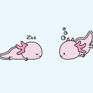 Puede incluir: Dos ajolotes de dibujos animados, uno durmiendo con el texto "Zzz" encima, y el otro nadando con burbujas a su alrededor.