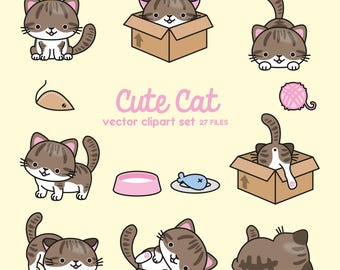 Premium vectorclipart - kawaii katten - schattige katten clipartset - bruine kat - hoge kwaliteit vectoren - direct downloaden - kawaii-clipart
