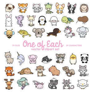May include: A set of 39 cute cartoon animal illustrations, including a pug, a cat, a turtle, a panda, a narwhal, a sloth, a capybara, a skunk, a mouse, and a chick. The illustrations are in a cartoon style and are perfect for use in digital projects, crafts, and more.