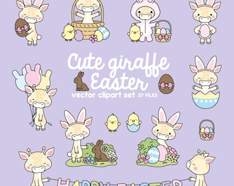 Premium Vector Clipart - Kawaii Easter Giraffes - Cute Easter Giraffes Clipart Set - High Quality Vectors - Kawaii Easter Clipart