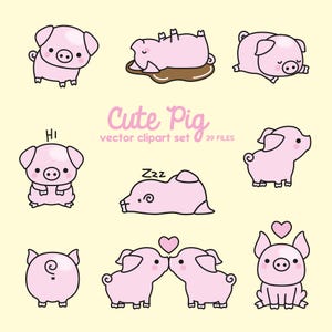 Imágenes prediseñadas vectoriales premium: cerdos kawaii: conjunto de imágenes prediseñadas de cerdos lindos: vectores de alta calidad: descarga instantánea: imágenes prediseñadas kawaii