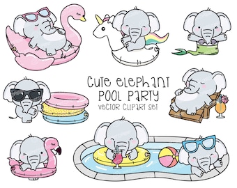 Premium Vector Clipart - Kawaii Elephant - Cute Elephant Pool Party Clipart - Pool Party - Instant Download - Kawaii Clipart