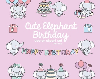 Premium Vector Clipart - Kawaii Birthday Elephants - Cute Birthday Elephants Clipart Set - High Quality Vectors - Kawaii Birthday Clipart