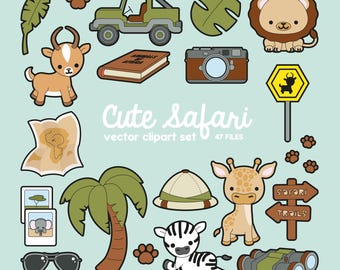 Premium vectorclipart - kawaii safari-clipart - kawaii safari-illustraties set - hoge kwaliteit vectoren - direct downloaden - kawaii-clipart